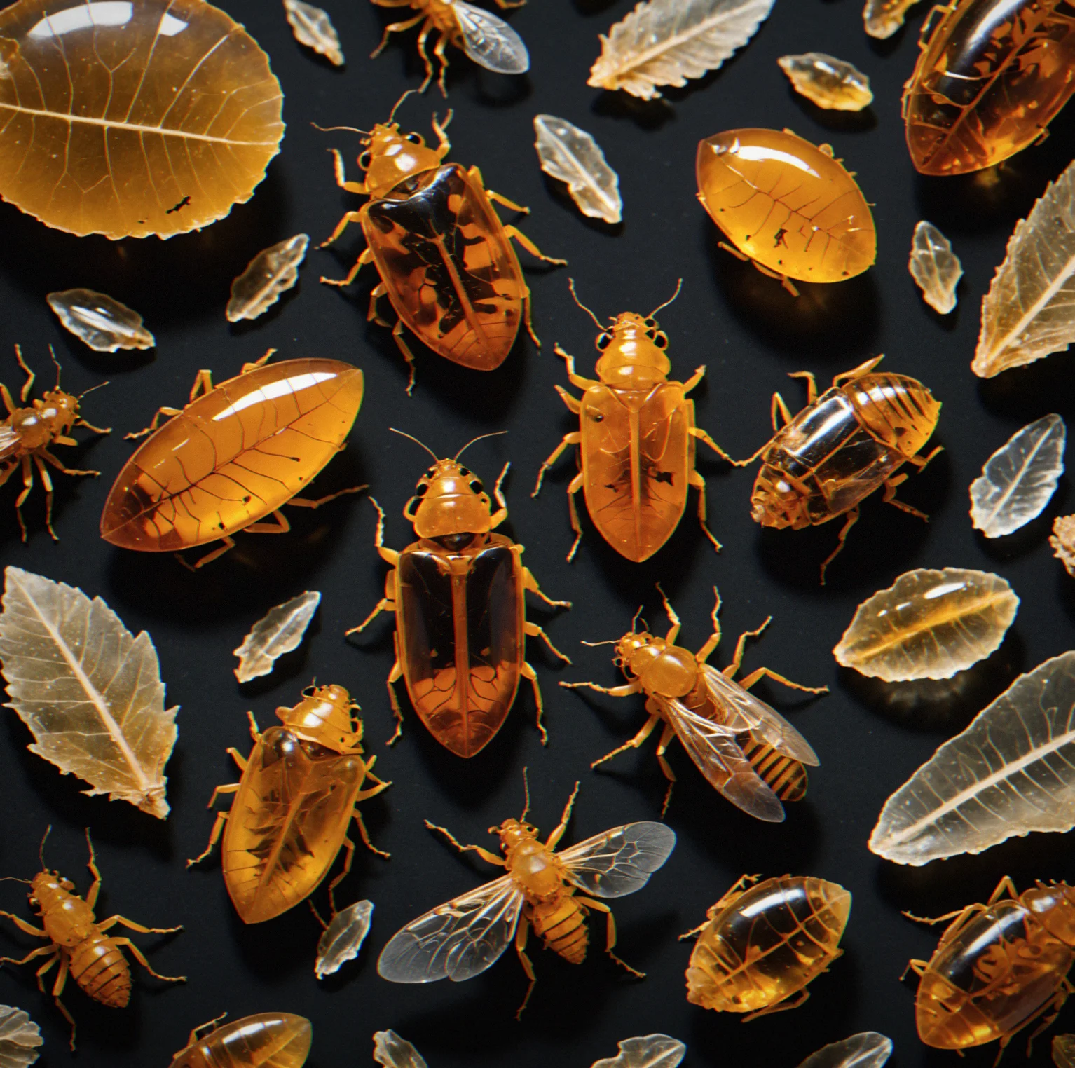 Several arthropods clustered together in amber with plant debris and sediment around them