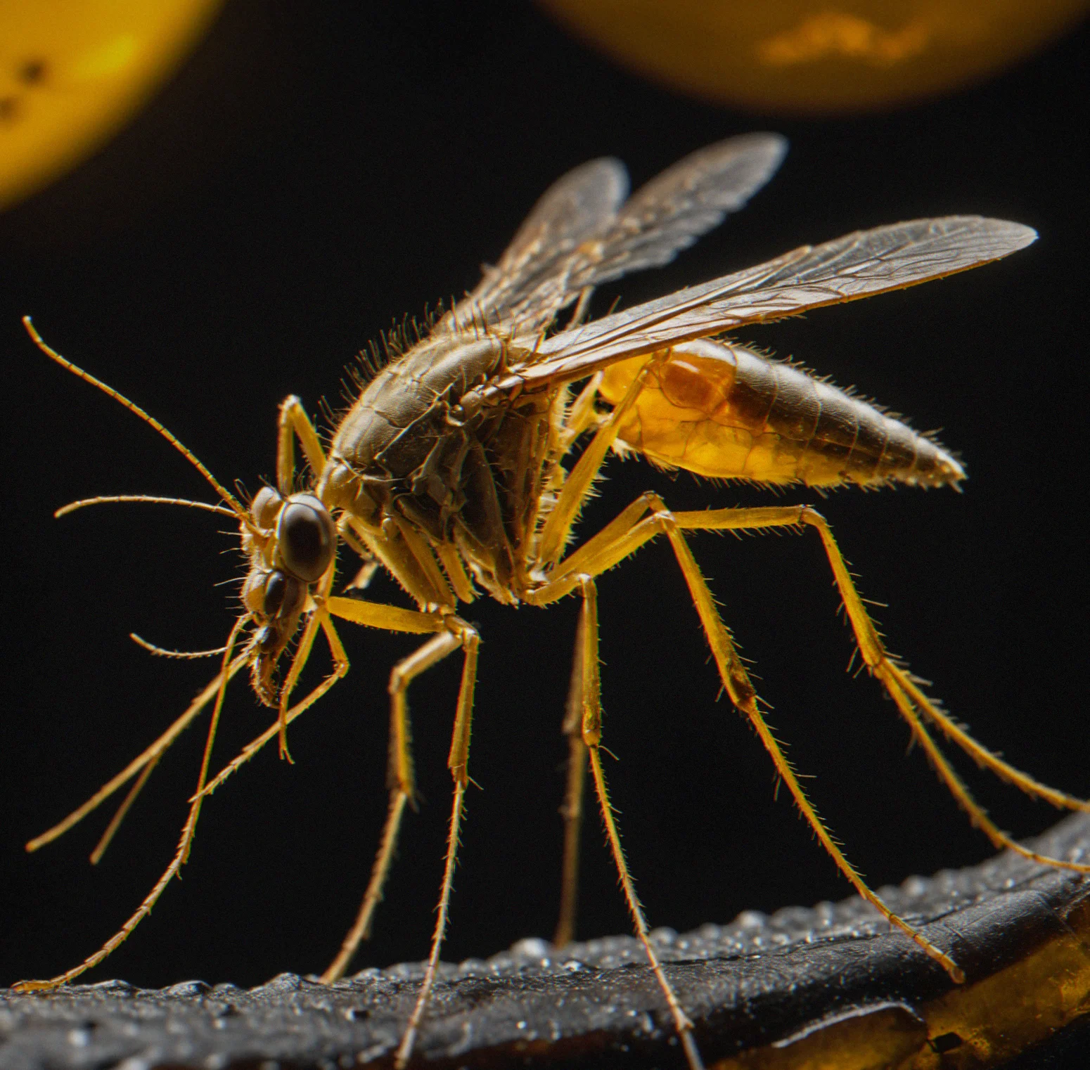 Mosquito in amber with its proboscis extended, showing fine segmentation and feeding structure