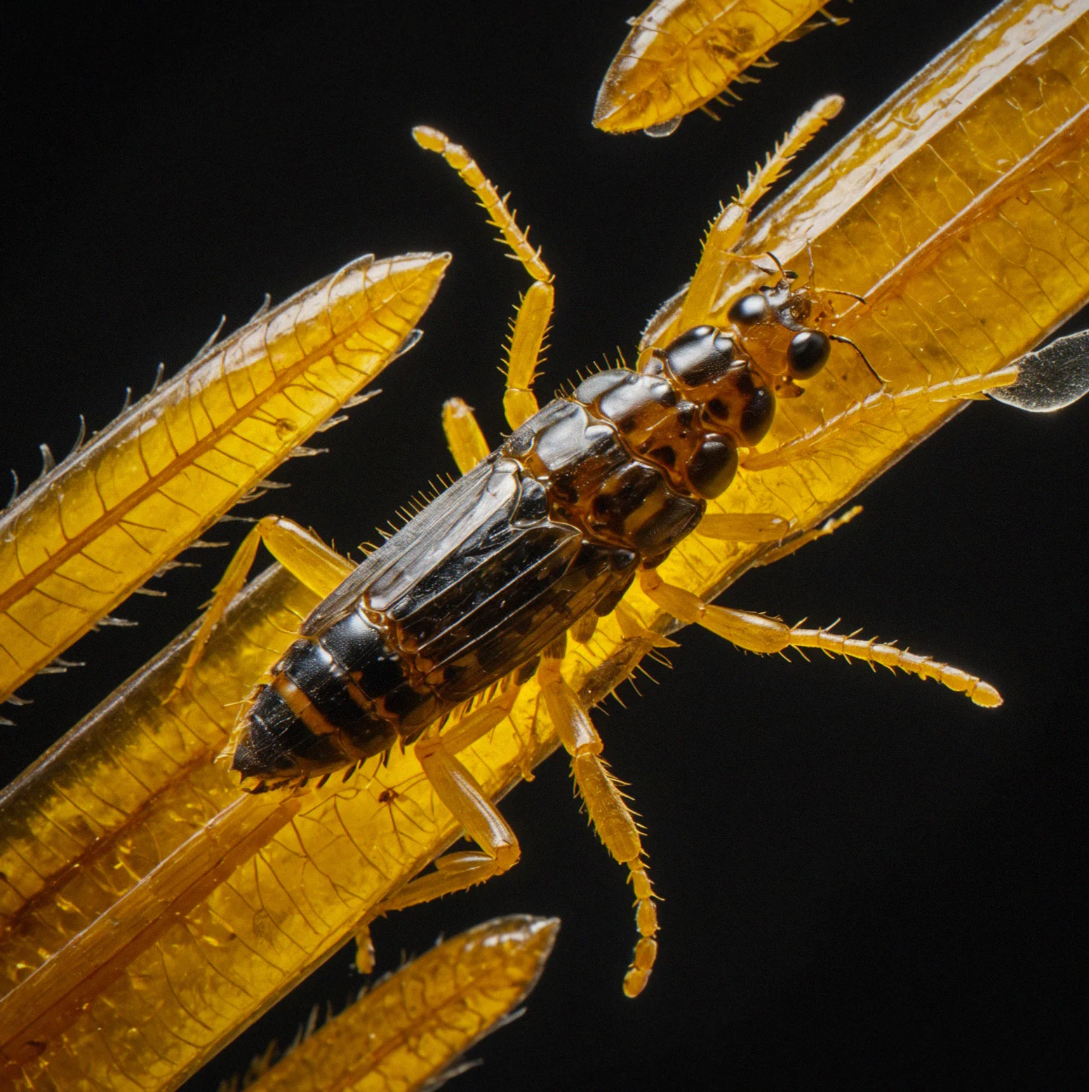 Preserved thrips in amber with its feeding apparatus visible, surrounded by pollen grains from three different plants