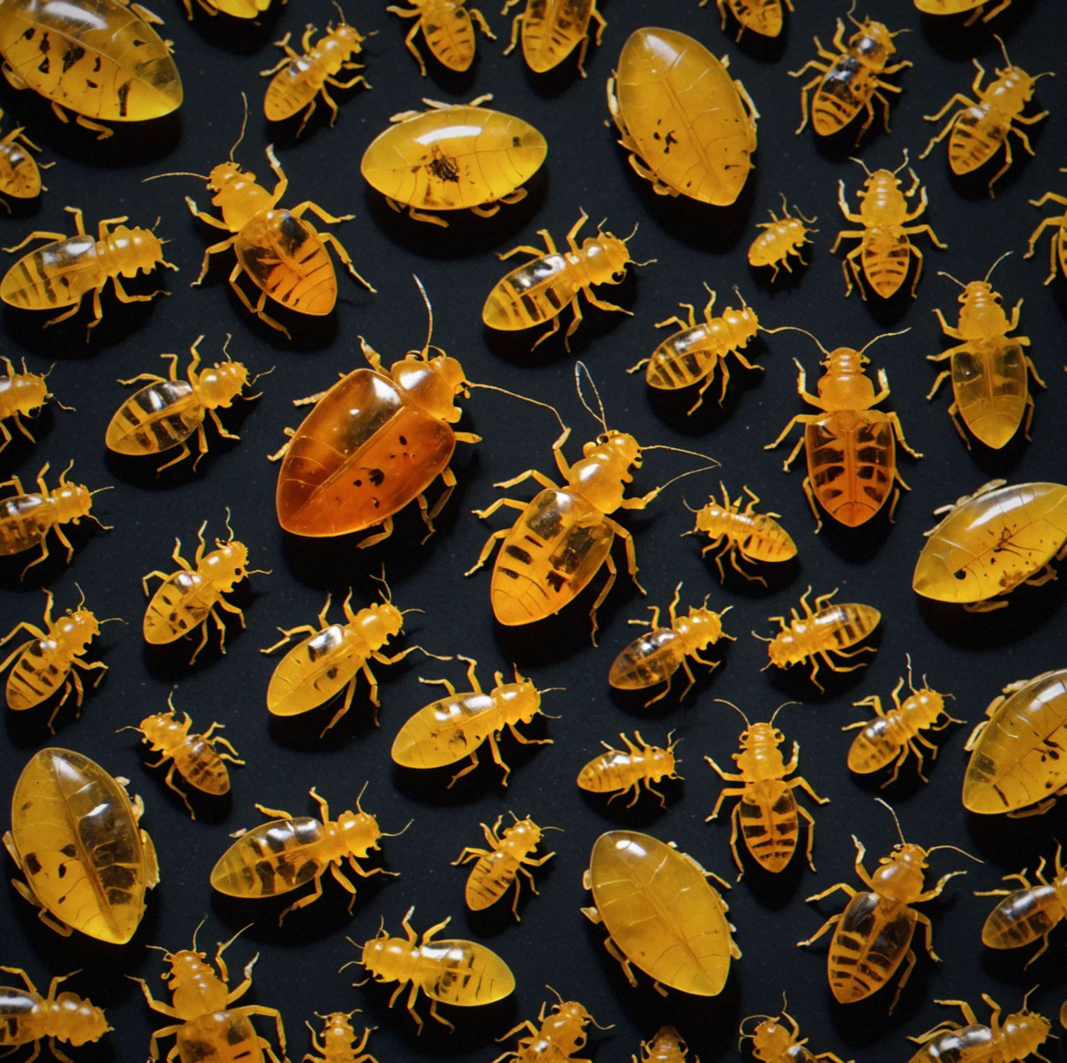 Baltic amber preserving a group of arthropods together—mites, springtails, small beetles—arranged the way they actually settled when the resin trapped them