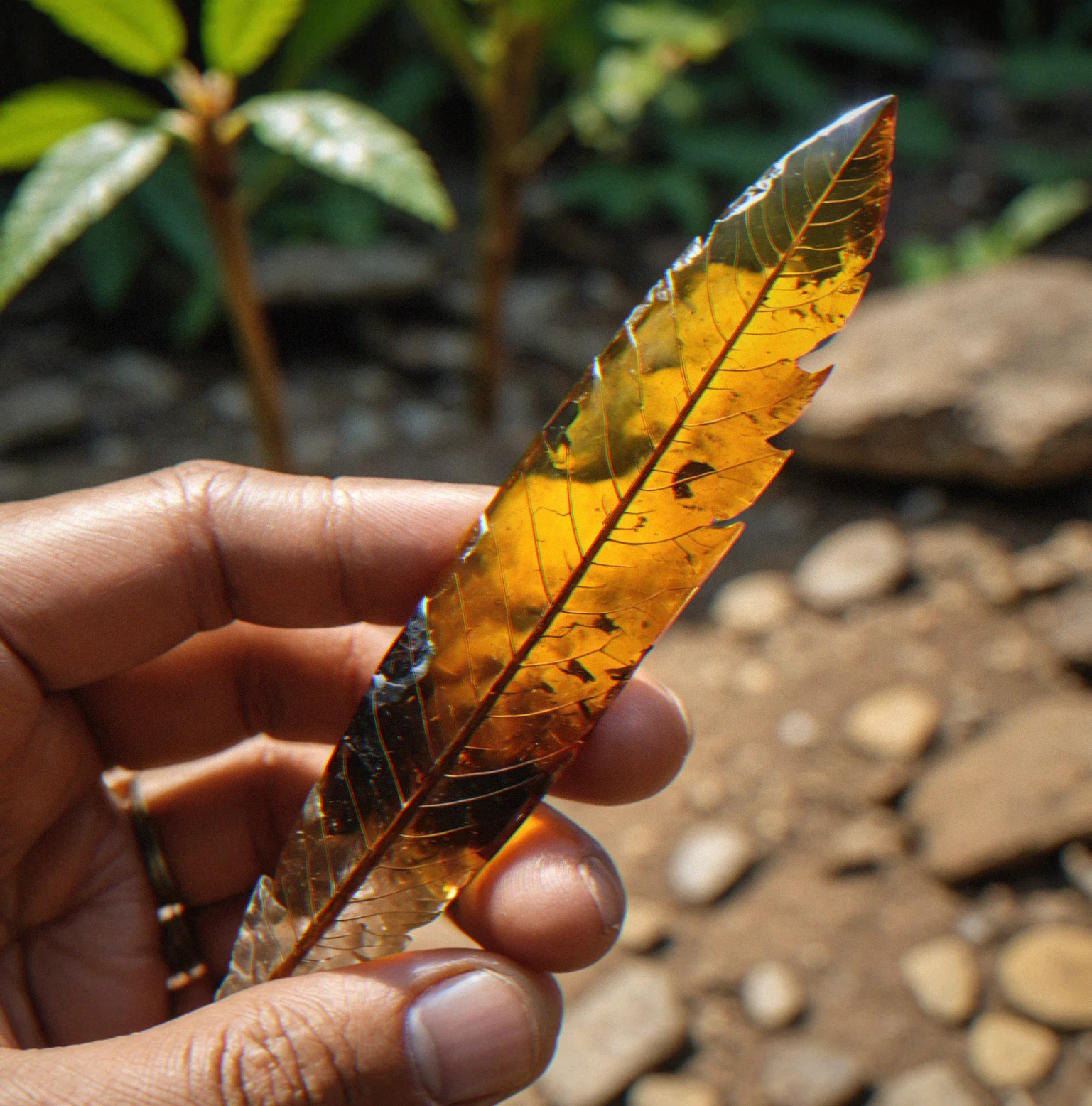 Myanmar amber holding a feather shaft that's been locked away since the Cretaceous, barb structure still visible, rachis intact—likely from an early bird or dinosaur