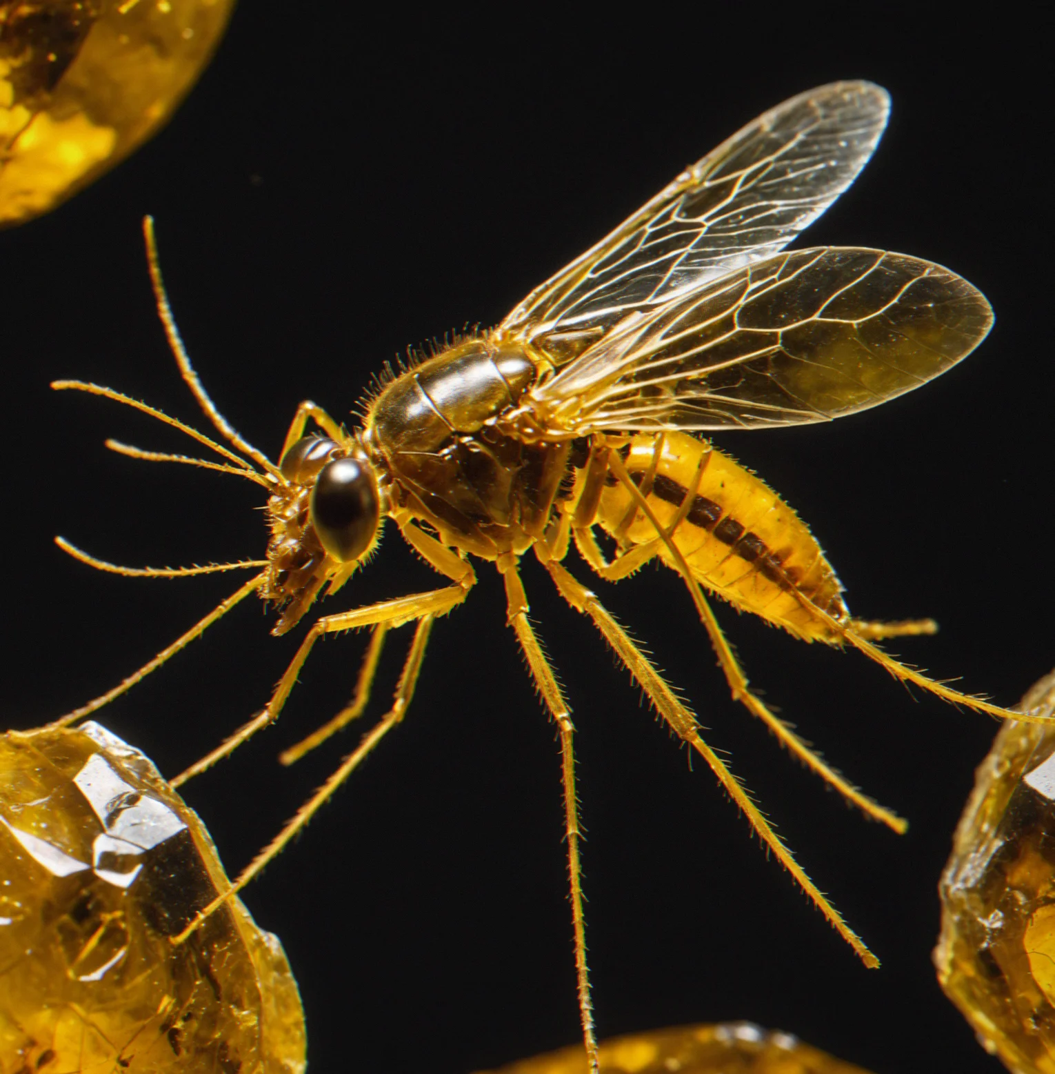 Dominican amber with a mosquito inside—proboscis stretched out fully, abdominal segments you can actually see, all suspended in golden-brown resin