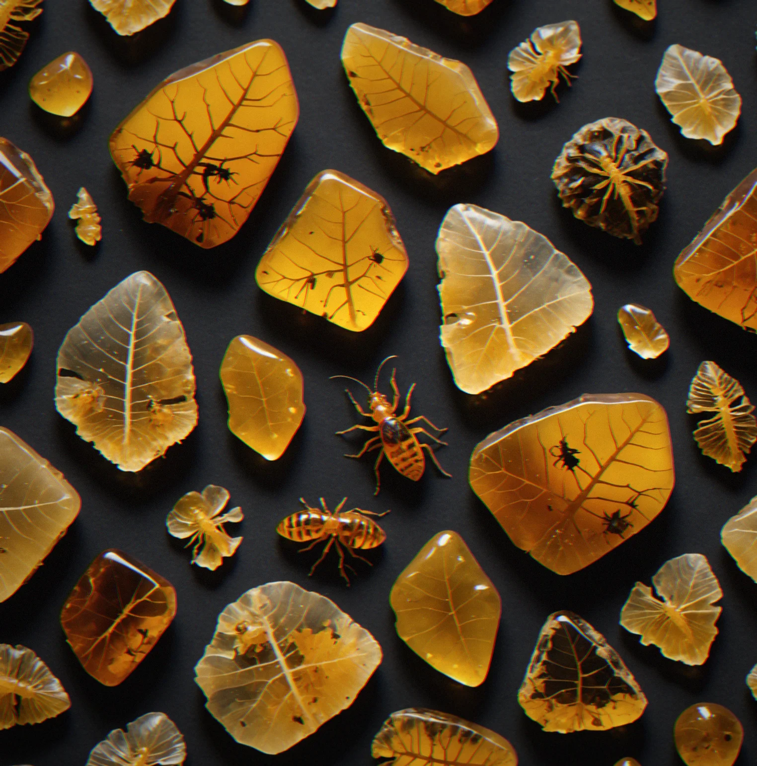 Baltic amber showing layers of plant material broken down over time, fungal growth matted through it, scattered arthropod pieces caught at different decomposition stages