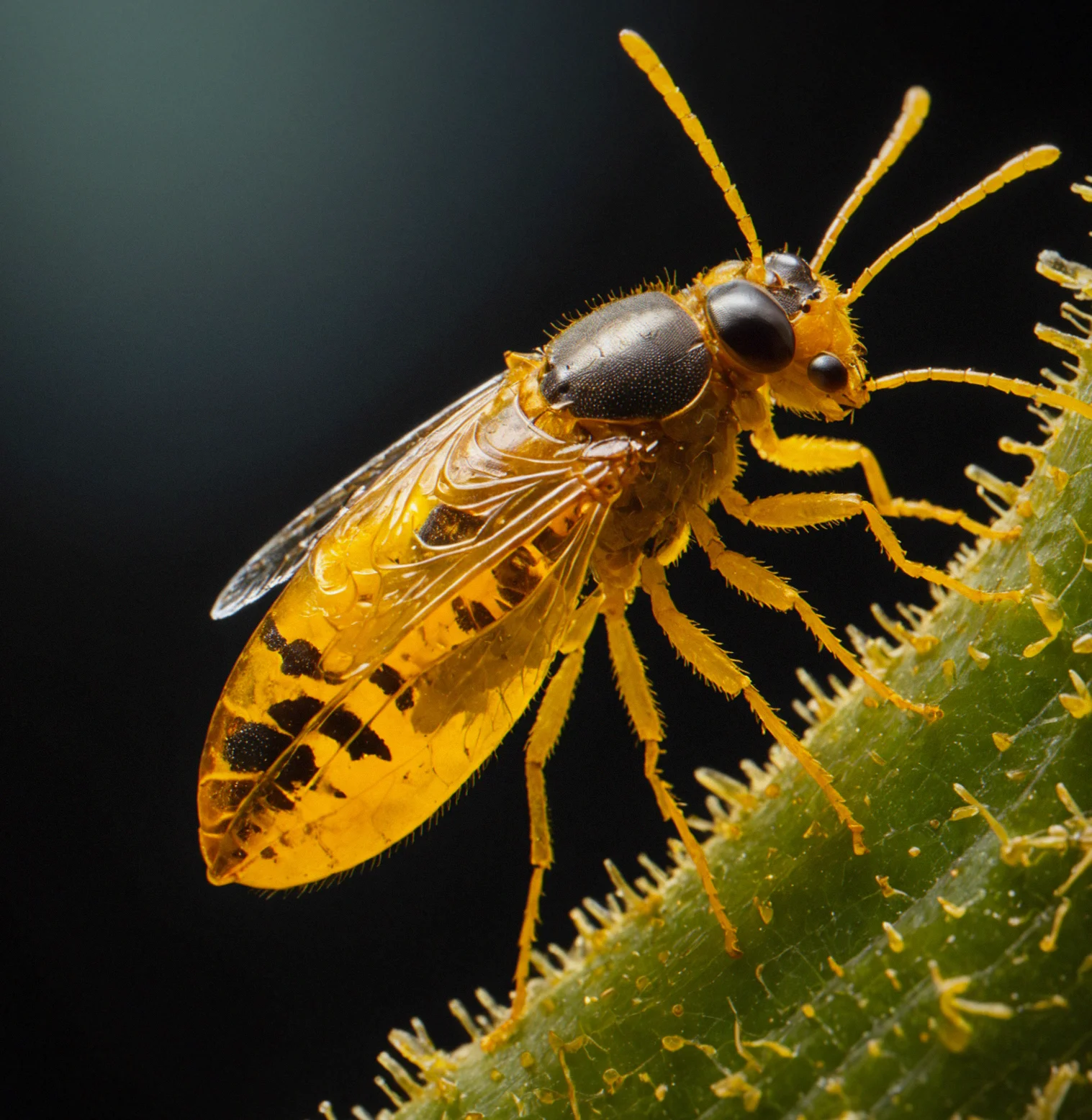 Mexican amber with a thrips surrounded by pollen from three different plant families, feeding structures still visible, showing what it was eating
