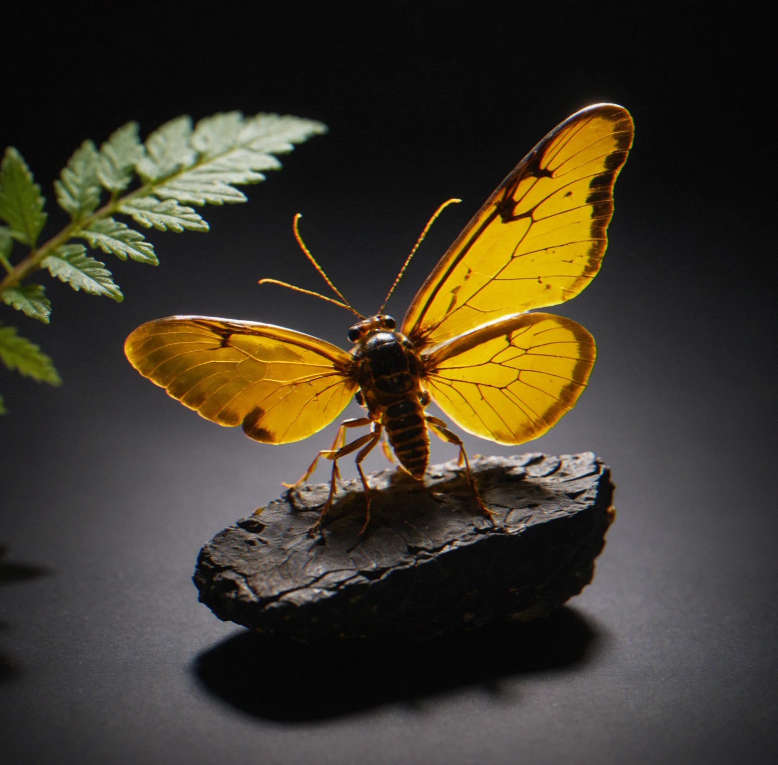Amber specimen backlit to show an insect inside with wings visible and plant material preserved around it