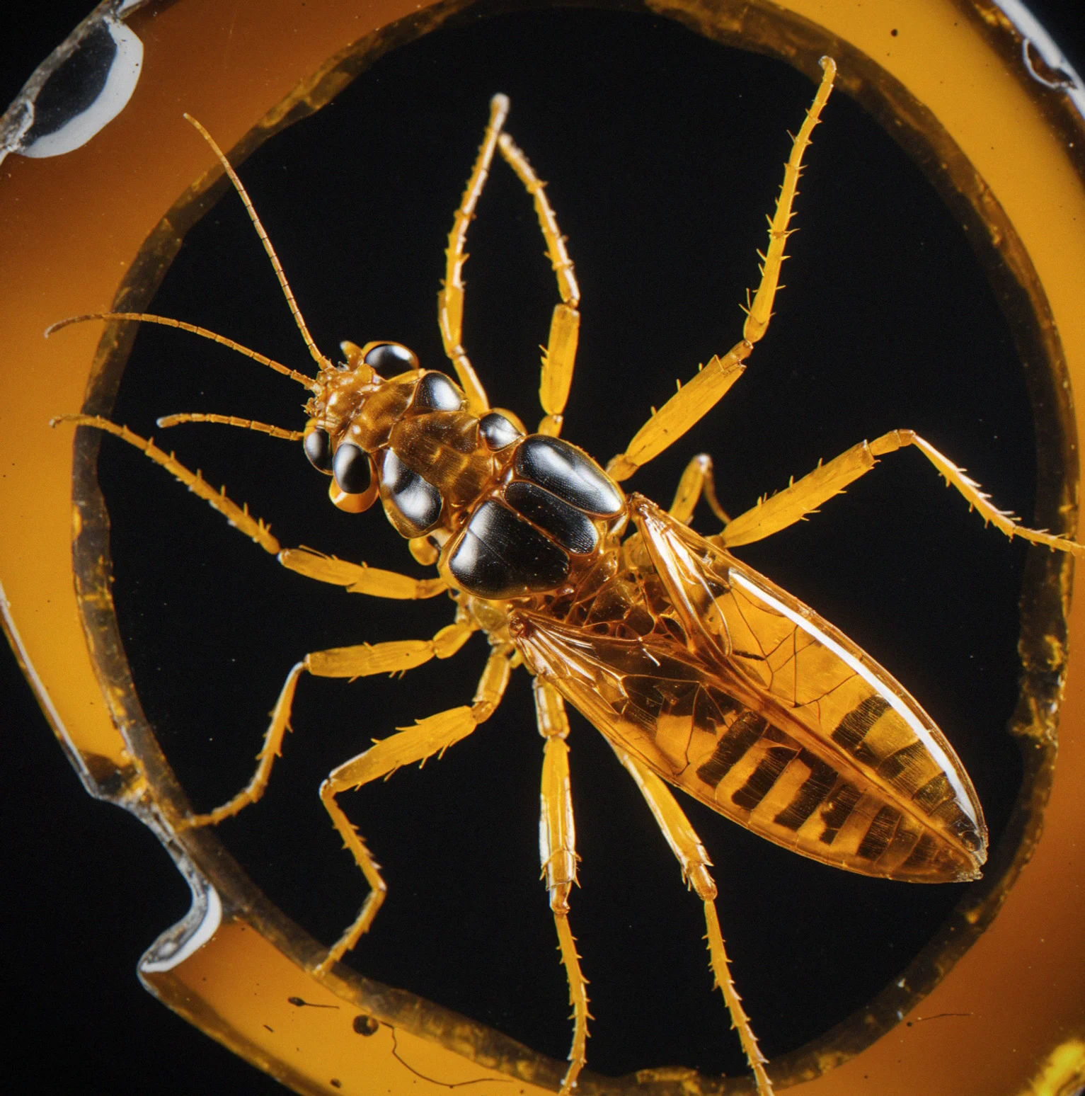 Close-up examination of amber specimen showing preserved insect with extended legs and visible anatomical detail under magnification