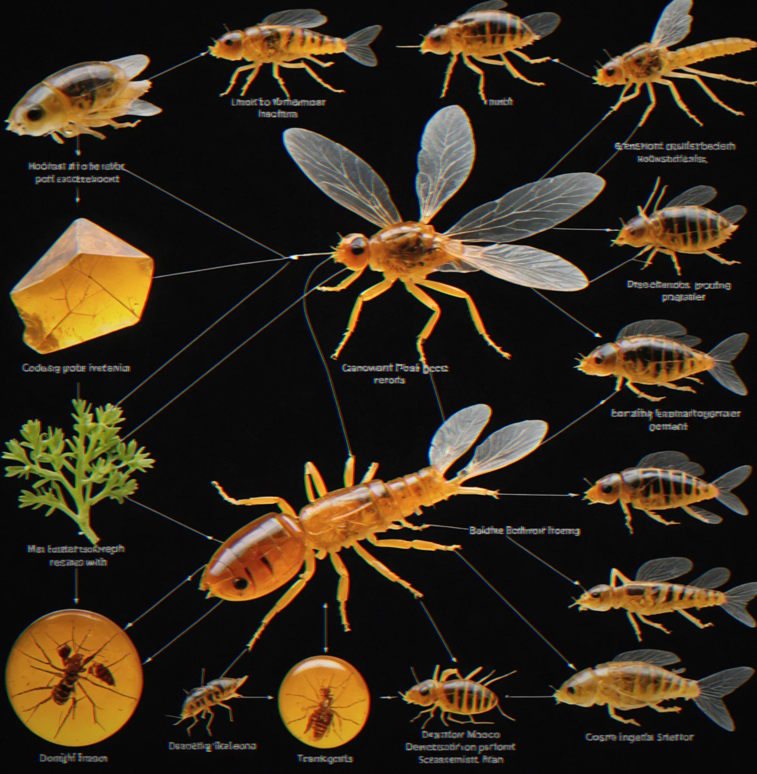 Diagram showing interconnected food web relationships with specimen images linked by arrows indicating predator-prey and plant-consumer connections